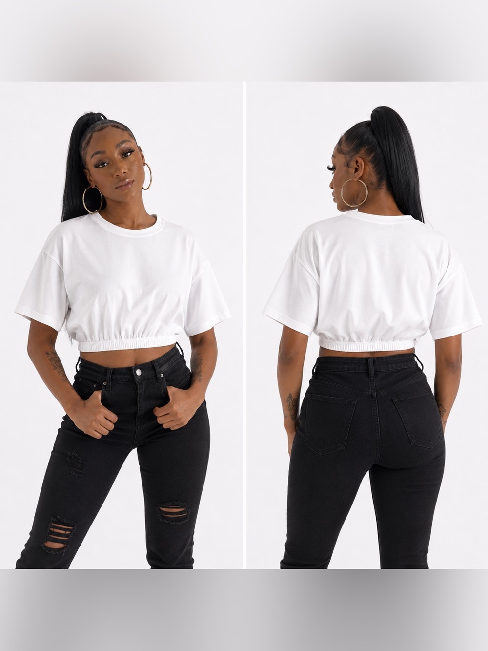 Women's White Elastic-Hem Crop Tee